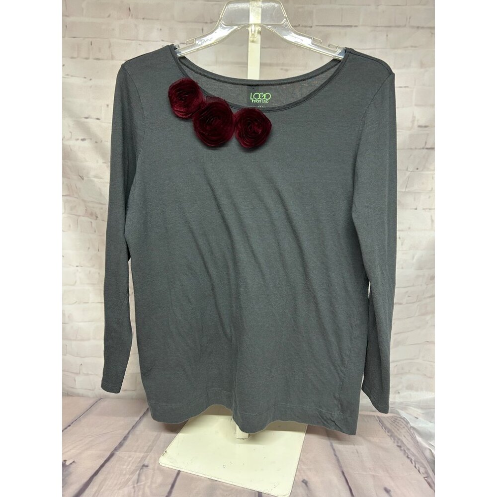 Logo Instant Chic Womens 1X Long Sleeve Top Red Rose Floral Accent Gray QVC